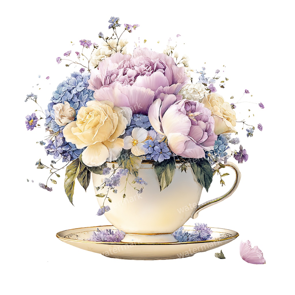 【商用利用可】フラワーティーカップ(水彩花柄ティーカップ)クリップアート18点セット|高解像度・透過PNG|印刷OK|コラージュ・ジャンクジャーナル素材|即ダウンロード