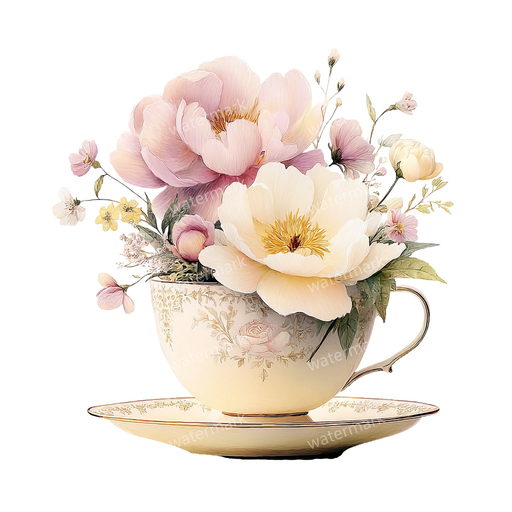 【商用利用可】フラワーティーカップ(水彩花柄ティーカップ)クリップアート18点セット|高解像度・透過PNG|印刷OK|コラージュ・ジャンクジャーナル素材|即ダウンロード