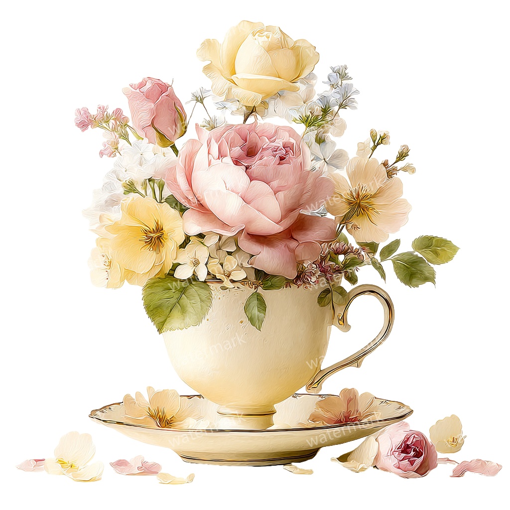 【商用利用可】フラワーティーカップ(水彩花柄ティーカップ)クリップアート18点セット|高解像度・透過PNG|印刷OK|コラージュ・ジャンクジャーナル素材|即ダウンロード