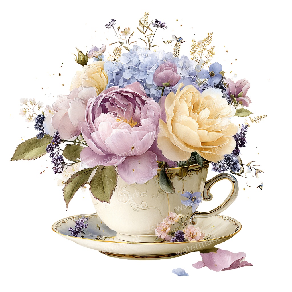 【商用利用可】フラワーティーカップ(水彩花柄ティーカップ)クリップアート18点セット|高解像度・透過PNG|印刷OK|コラージュ・ジャンクジャーナル素材|即ダウンロード