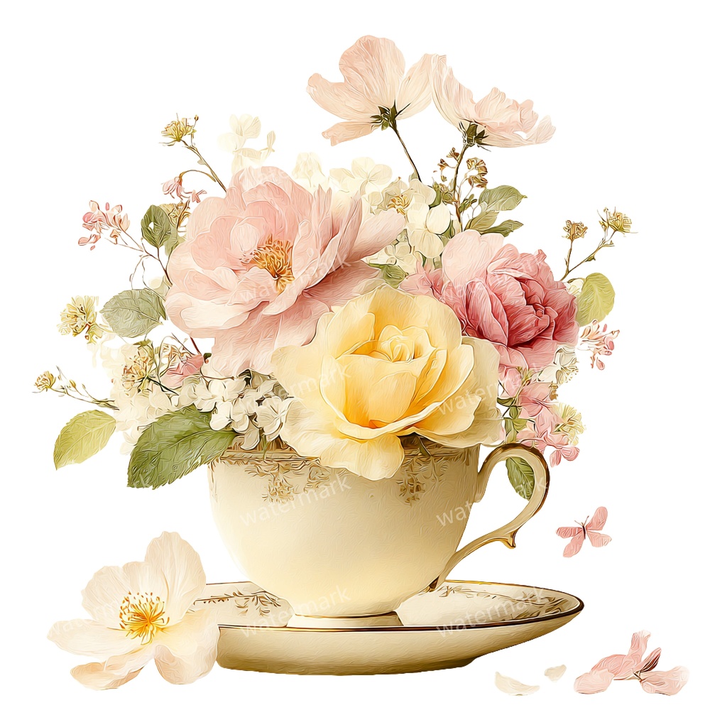 【商用利用可】フラワーティーカップ(水彩花柄ティーカップ)クリップアート18点セット|高解像度・透過PNG|印刷OK|コラージュ・ジャンクジャーナル素材|即ダウンロード