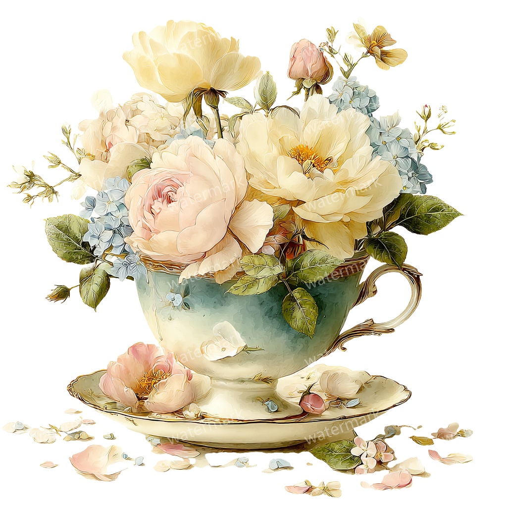 【商用利用可】フラワーティーカップ(水彩花柄ティーカップ)クリップアート18点セット|高解像度・透過PNG|印刷OK|コラージュ・ジャンクジャーナル素材|即ダウンロード