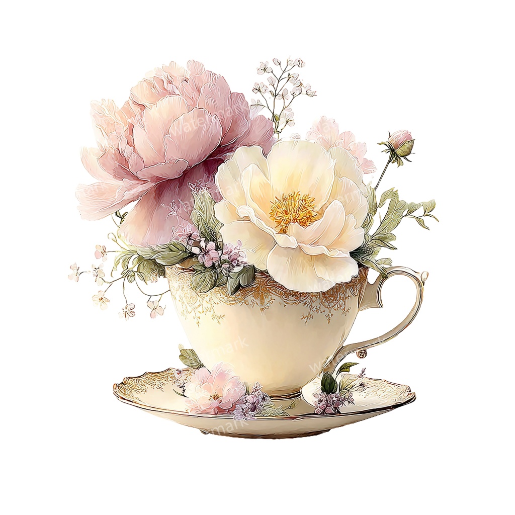 【商用利用可】フラワーティーカップ(水彩花柄ティーカップ)クリップアート18点セット|高解像度・透過PNG|印刷OK|コラージュ・ジャンクジャーナル素材|即ダウンロード