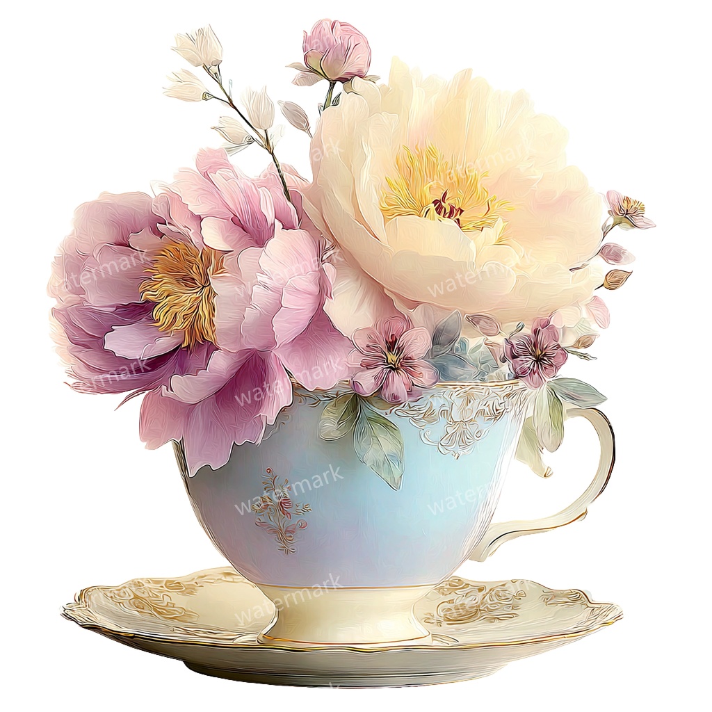 【商用利用可】フラワーティーカップ(水彩花柄ティーカップ)クリップアート18点セット|高解像度・透過PNG|印刷OK|コラージュ・ジャンクジャーナル素材|即ダウンロード