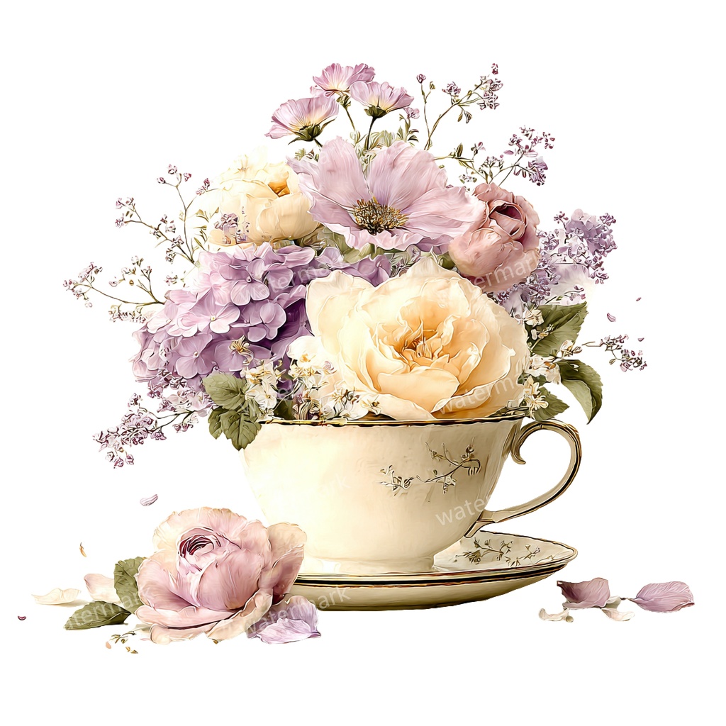 【商用利用可】フラワーティーカップ(水彩花柄ティーカップ)クリップアート18点セット|高解像度・透過PNG|印刷OK|コラージュ・ジャンクジャーナル素材|即ダウンロード