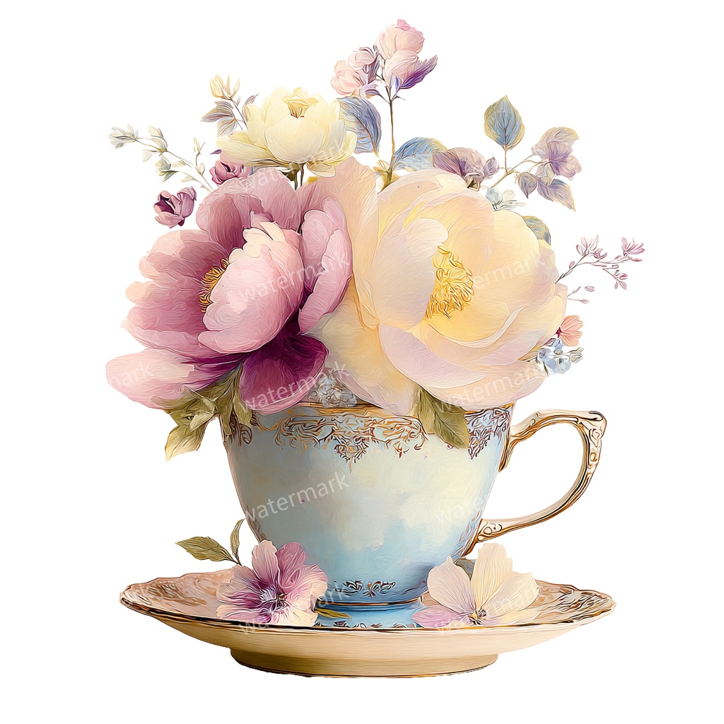 【商用利用可】フラワーティーカップ(水彩花柄ティーカップ)クリップアート18点セット|高解像度・透過PNG|印刷OK|コラージュ・ジャンクジャーナル素材|即ダウンロード