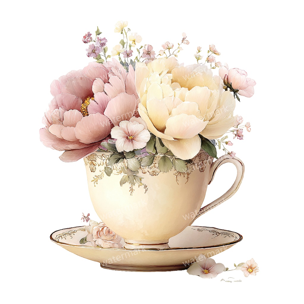 【商用利用可】フラワーティーカップ(水彩花柄ティーカップ)クリップアート18点セット|高解像度・透過PNG|印刷OK|コラージュ・ジャンクジャーナル素材|即ダウンロード