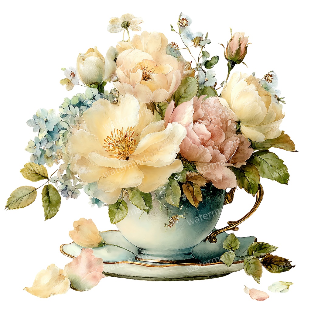 【商用利用可】フラワーティーカップ(水彩花柄ティーカップ)クリップアート18点セット|高解像度・透過PNG|印刷OK|コラージュ・ジャンクジャーナル素材|即ダウンロード