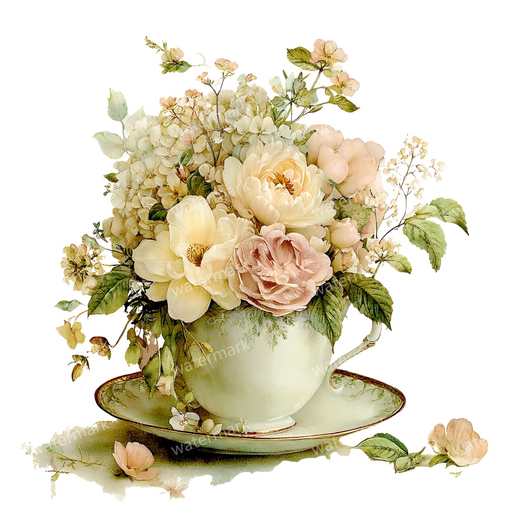 【商用利用可】フラワーティーカップ(水彩花柄ティーカップ)クリップアート18点セット|高解像度・透過PNG|印刷OK|コラージュ・ジャンクジャーナル素材|即ダウンロード