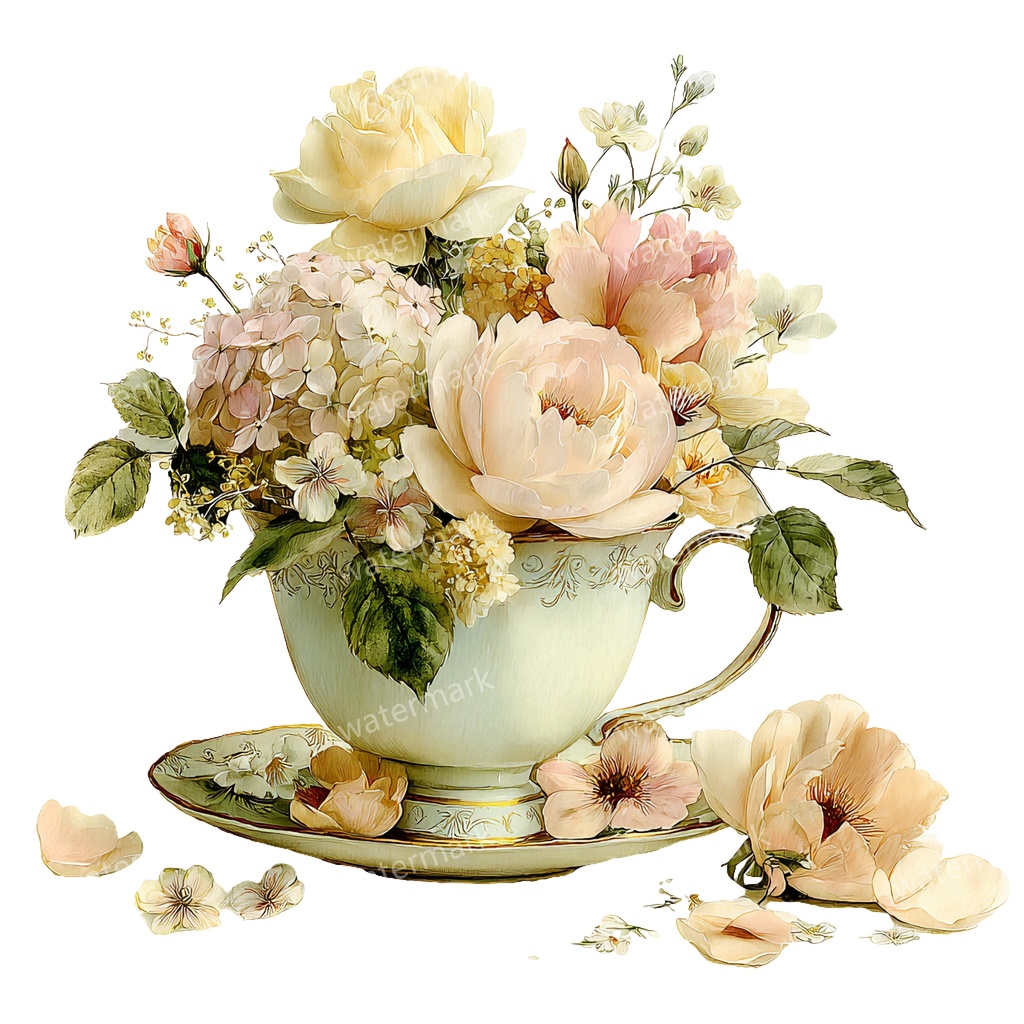 【商用利用可】フラワーティーカップ(水彩花柄ティーカップ)クリップアート18点セット|高解像度・透過PNG|印刷OK|コラージュ・ジャンクジャーナル素材|即ダウンロード