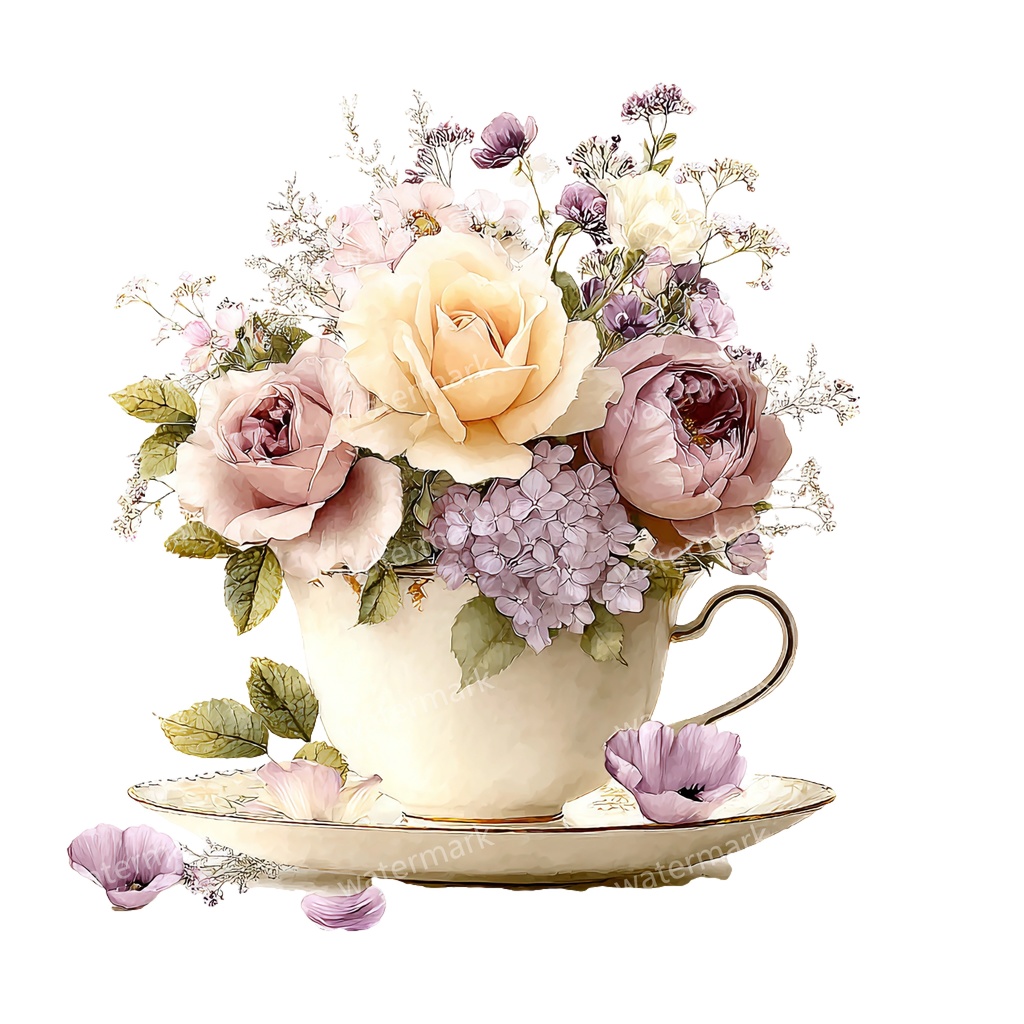【商用利用可】フラワーティーカップ(水彩花柄ティーカップ)クリップアート18点セット|高解像度・透過PNG|印刷OK|コラージュ・ジャンクジャーナル素材|即ダウンロード