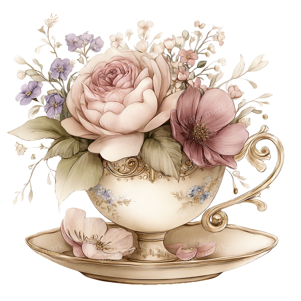 【商用利用可】フラワーティーカップ(水彩花柄ティーカップ)クリップアート20点セット|高解像度・透過PNG|印刷OK|コラージュ・ジャンクジャーナル素材|即ダウンロード