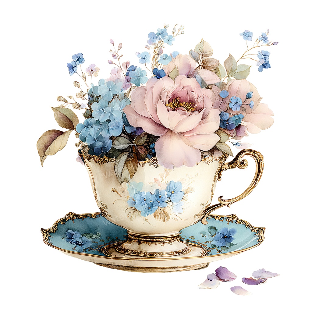 【商用利用可】フラワーティーカップ(水彩花柄ティーカップ)クリップアート20点セット|高解像度・透過PNG|印刷OK|コラージュ・ジャンクジャーナル素材|即ダウンロード