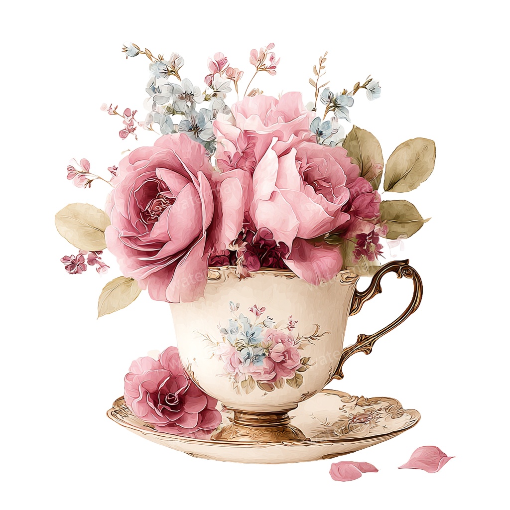 【商用利用可】フラワーティーカップ(水彩花柄ティーカップ)クリップアート20点セット|高解像度・透過PNG|印刷OK|コラージュ・ジャンクジャーナル素材|即ダウンロード