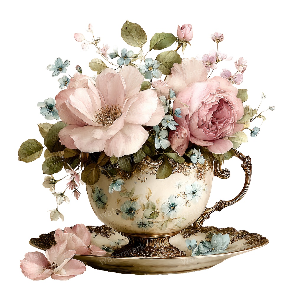 【商用利用可】フラワーティーカップ(水彩花柄ティーカップ)クリップアート20点セット|高解像度・透過PNG|印刷OK|コラージュ・ジャンクジャーナル素材|即ダウンロード