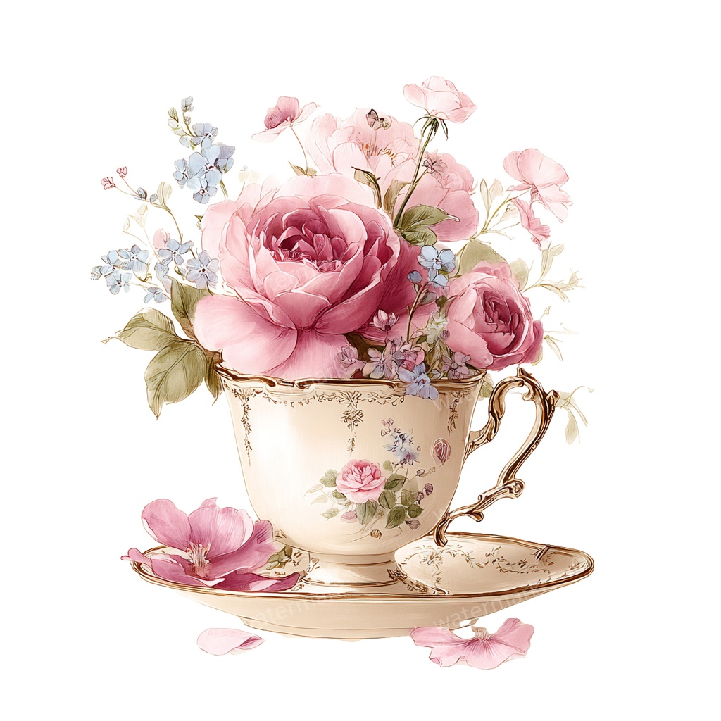 【商用利用可】フラワーティーカップ(水彩花柄ティーカップ)クリップアート20点セット|高解像度・透過PNG|印刷OK|コラージュ・ジャンクジャーナル素材|即ダウンロード