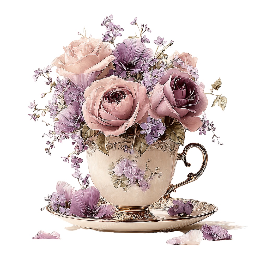 【商用利用可】フラワーティーカップ(水彩花柄ティーカップ)クリップアート20点セット|高解像度・透過PNG|印刷OK|コラージュ・ジャンクジャーナル素材|即ダウンロード