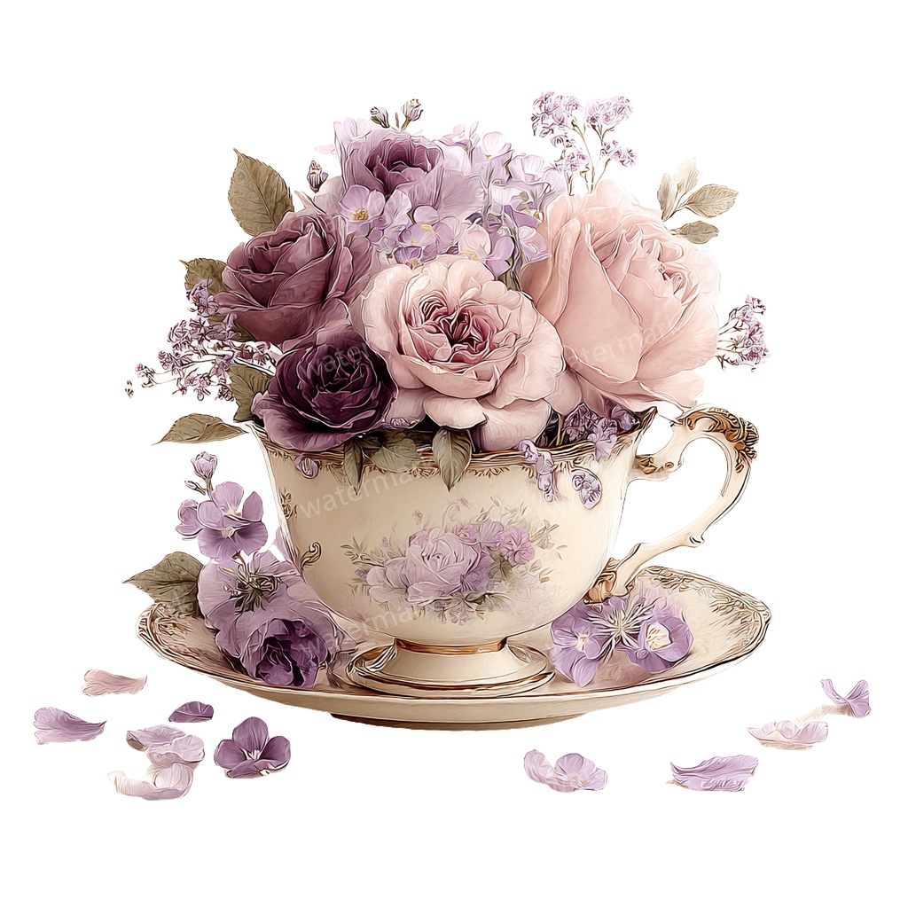 【商用利用可】フラワーティーカップ(水彩花柄ティーカップ)クリップアート20点セット|高解像度・透過PNG|印刷OK|コラージュ・ジャンクジャーナル素材|即ダウンロード