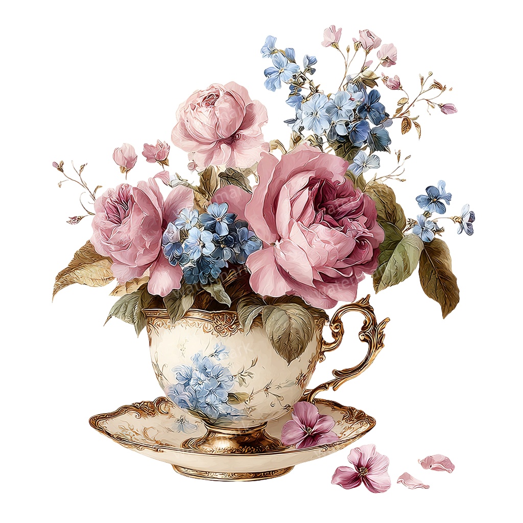 【商用利用可】フラワーティーカップ(水彩花柄ティーカップ)クリップアート20点セット|高解像度・透過PNG|印刷OK|コラージュ・ジャンクジャーナル素材|即ダウンロード