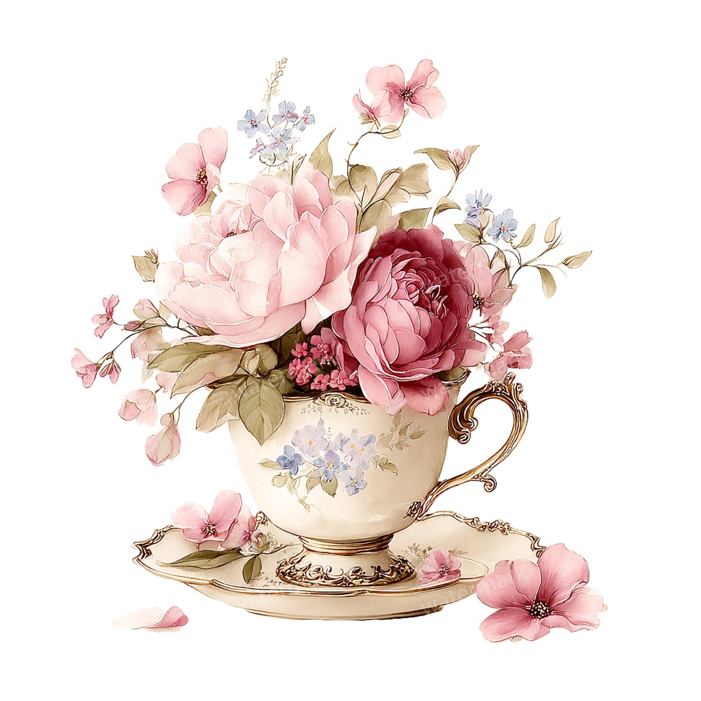 【商用利用可】フラワーティーカップ(水彩花柄ティーカップ)クリップアート20点セット|高解像度・透過PNG|印刷OK|コラージュ・ジャンクジャーナル素材|即ダウンロード