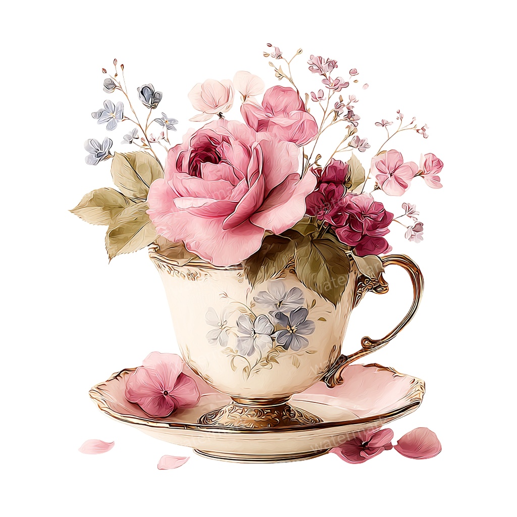 【商用利用可】フラワーティーカップ(水彩花柄ティーカップ)クリップアート20点セット|高解像度・透過PNG|印刷OK|コラージュ・ジャンクジャーナル素材|即ダウンロード