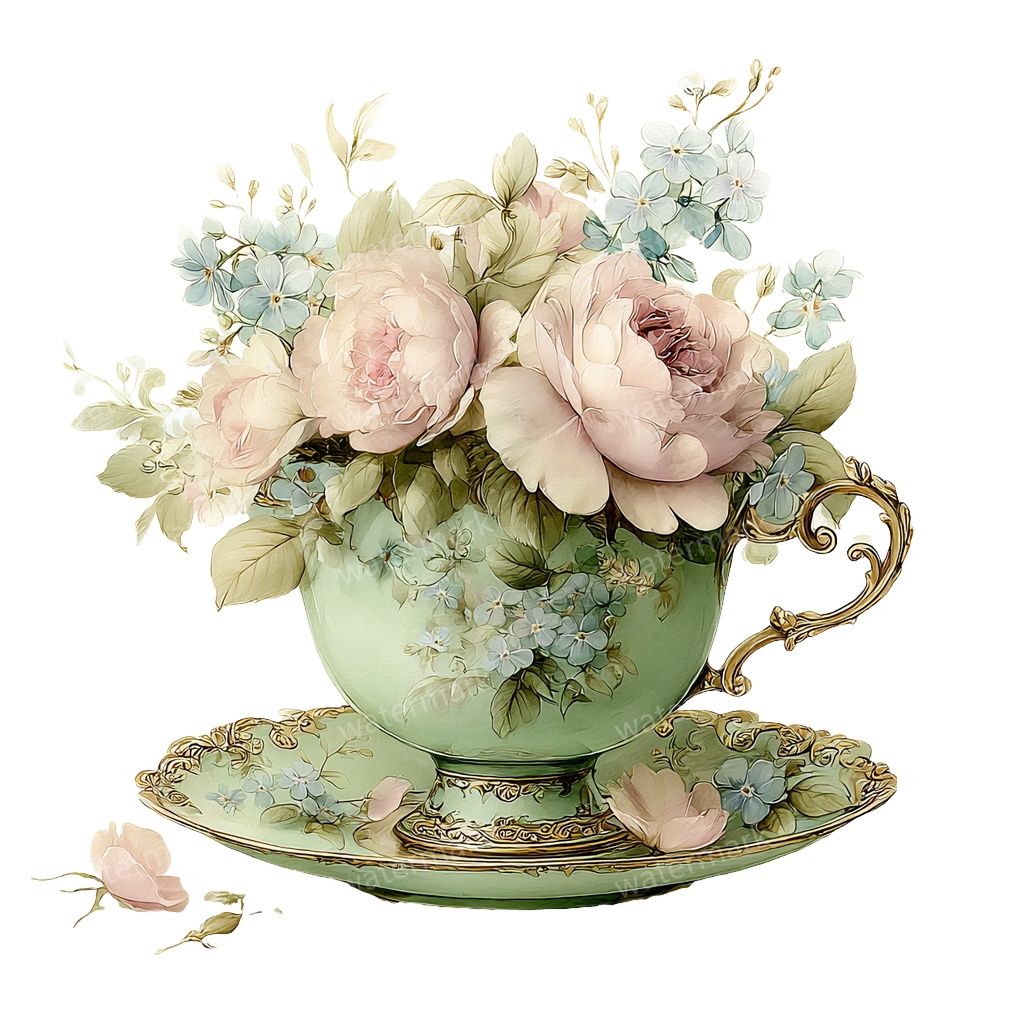 【商用利用可】フラワーティーカップ(水彩花柄ティーカップ)クリップアート20点セット|高解像度・透過PNG|印刷OK|コラージュ・ジャンクジャーナル素材|即ダウンロード