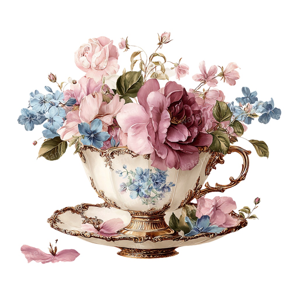 【商用利用可】フラワーティーカップ(水彩花柄ティーカップ)クリップアート20点セット|高解像度・透過PNG|印刷OK|コラージュ・ジャンクジャーナル素材|即ダウンロード