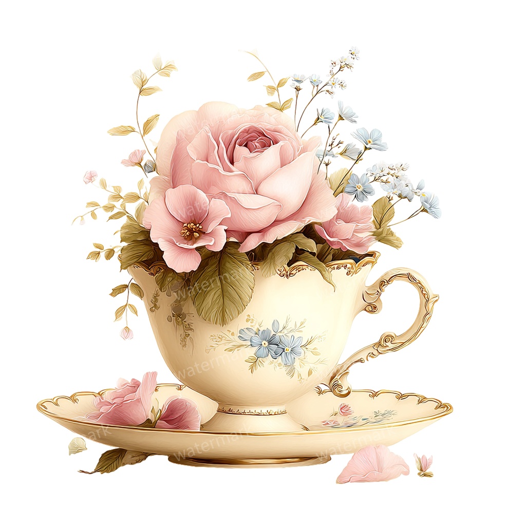 【商用利用可】フラワーティーカップ(水彩花柄ティーカップ)クリップアート20点セット|高解像度・透過PNG|印刷OK|コラージュ・ジャンクジャーナル素材|即ダウンロード