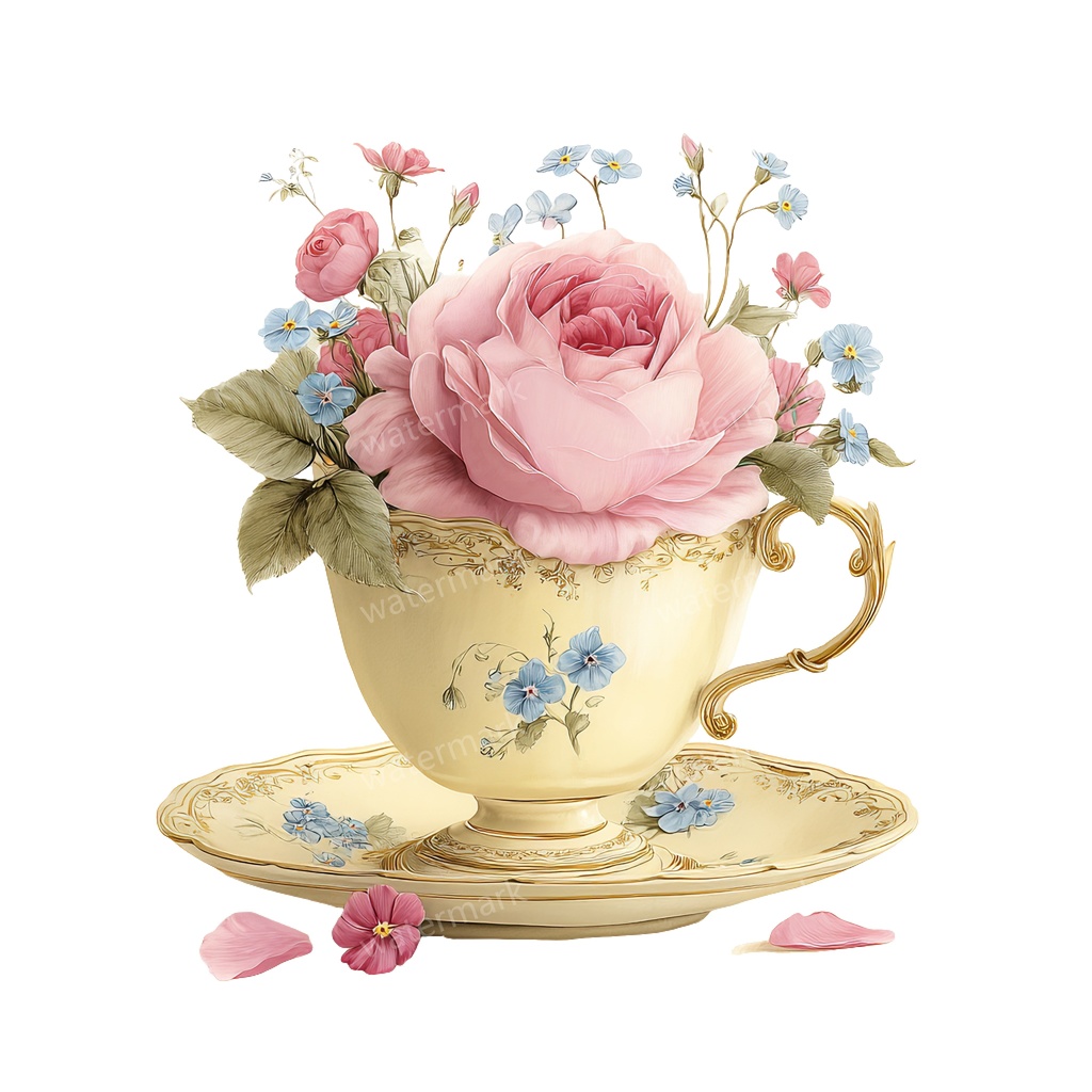 【商用利用可】フラワーティーカップ(水彩花柄ティーカップ)クリップアート20点セット|高解像度・透過PNG|印刷OK|コラージュ・ジャンクジャーナル素材|即ダウンロード