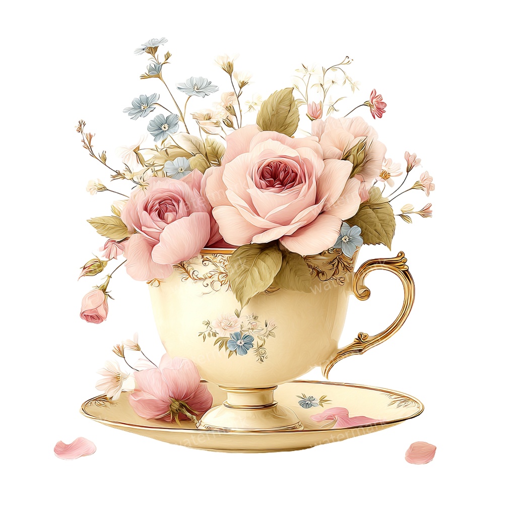 【商用利用可】フラワーティーカップ(水彩花柄ティーカップ)クリップアート20点セット|高解像度・透過PNG|印刷OK|コラージュ・ジャンクジャーナル素材|即ダウンロード