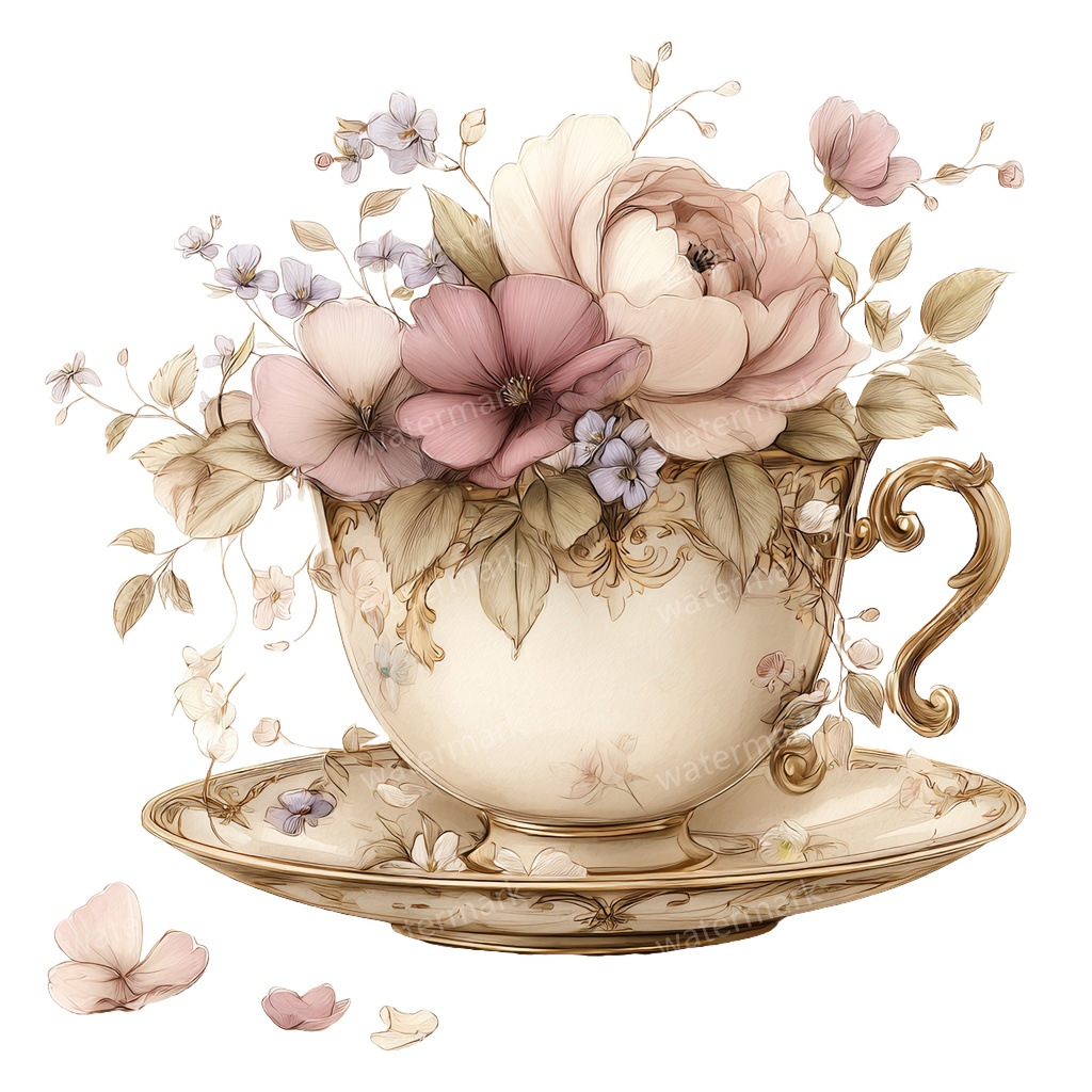 【商用利用可】フラワーティーカップ(水彩花柄ティーカップ)クリップアート20点セット|高解像度・透過PNG|印刷OK|コラージュ・ジャンクジャーナル素材|即ダウンロード