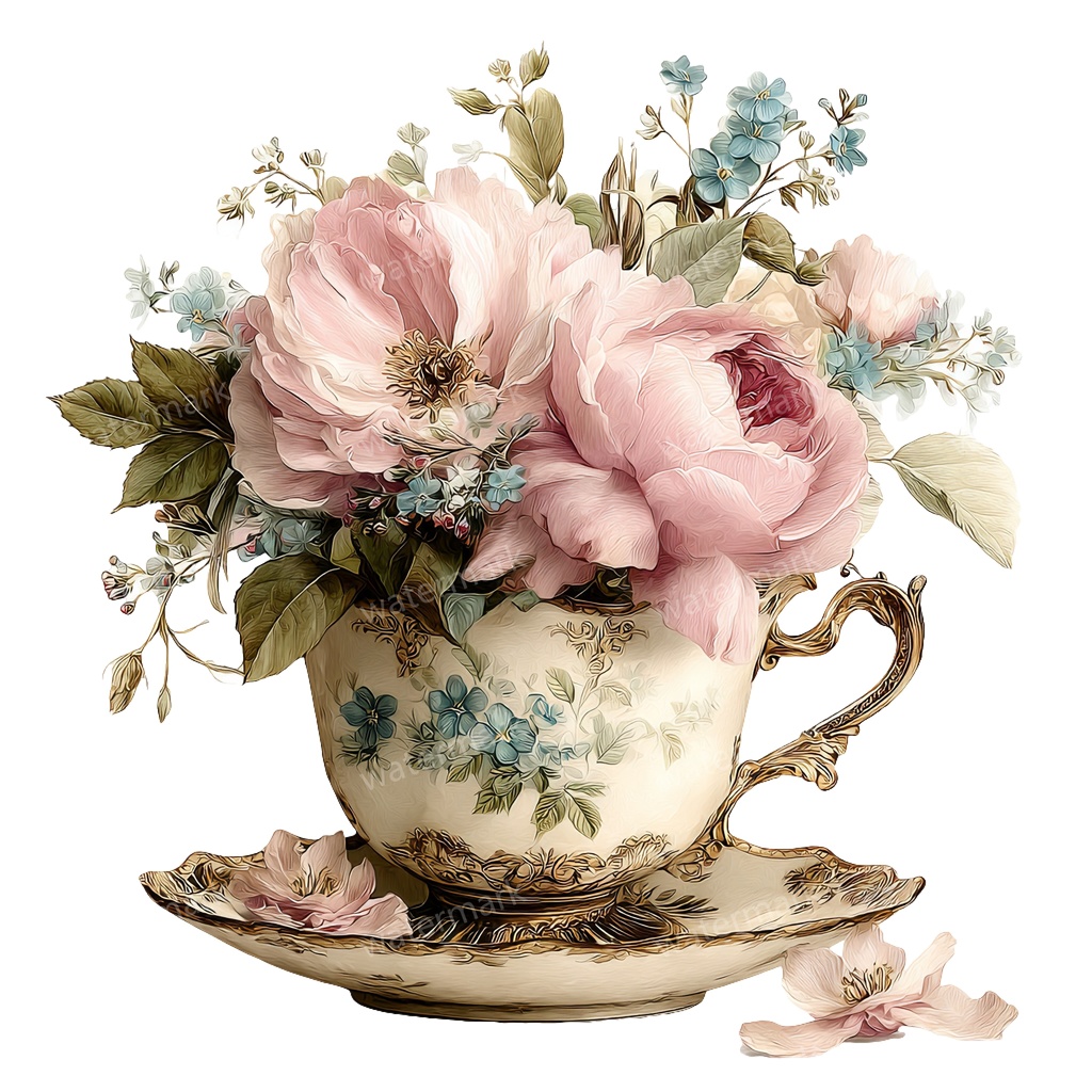 【商用利用可】フラワーティーカップ(水彩花柄ティーカップ)クリップアート20点セット|高解像度・透過PNG|印刷OK|コラージュ・ジャンクジャーナル素材|即ダウンロード