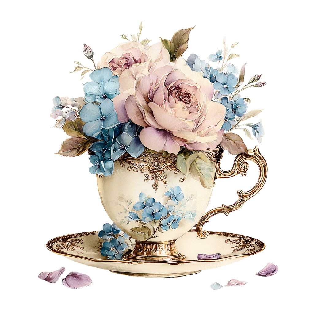 【商用利用可】フラワーティーカップ(水彩花柄ティーカップ)クリップアート20点セット|高解像度・透過PNG|印刷OK|コラージュ・ジャンクジャーナル素材|即ダウンロード