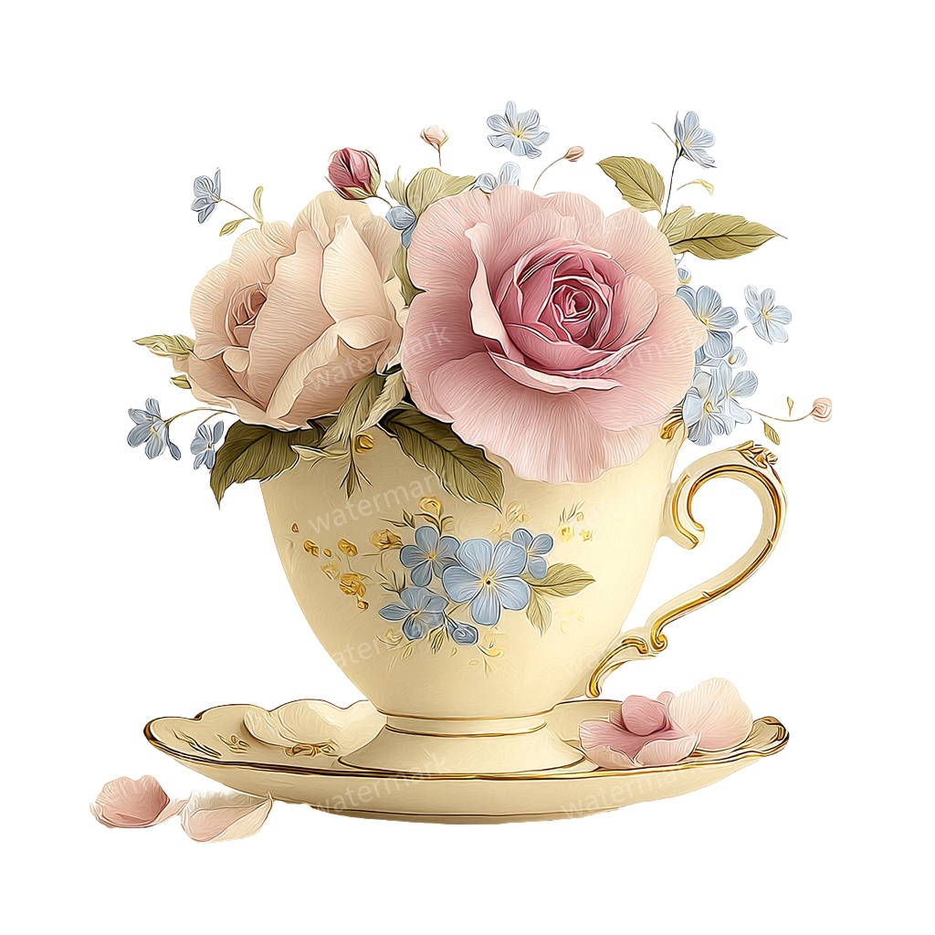 【商用利用可】フラワーティーカップ（水彩花柄ティーカップ）クリップアート20点セット｜高解像度・透過PNG｜印刷OK｜コラージュ・ジャンクジャーナル素材｜即ダウンロード