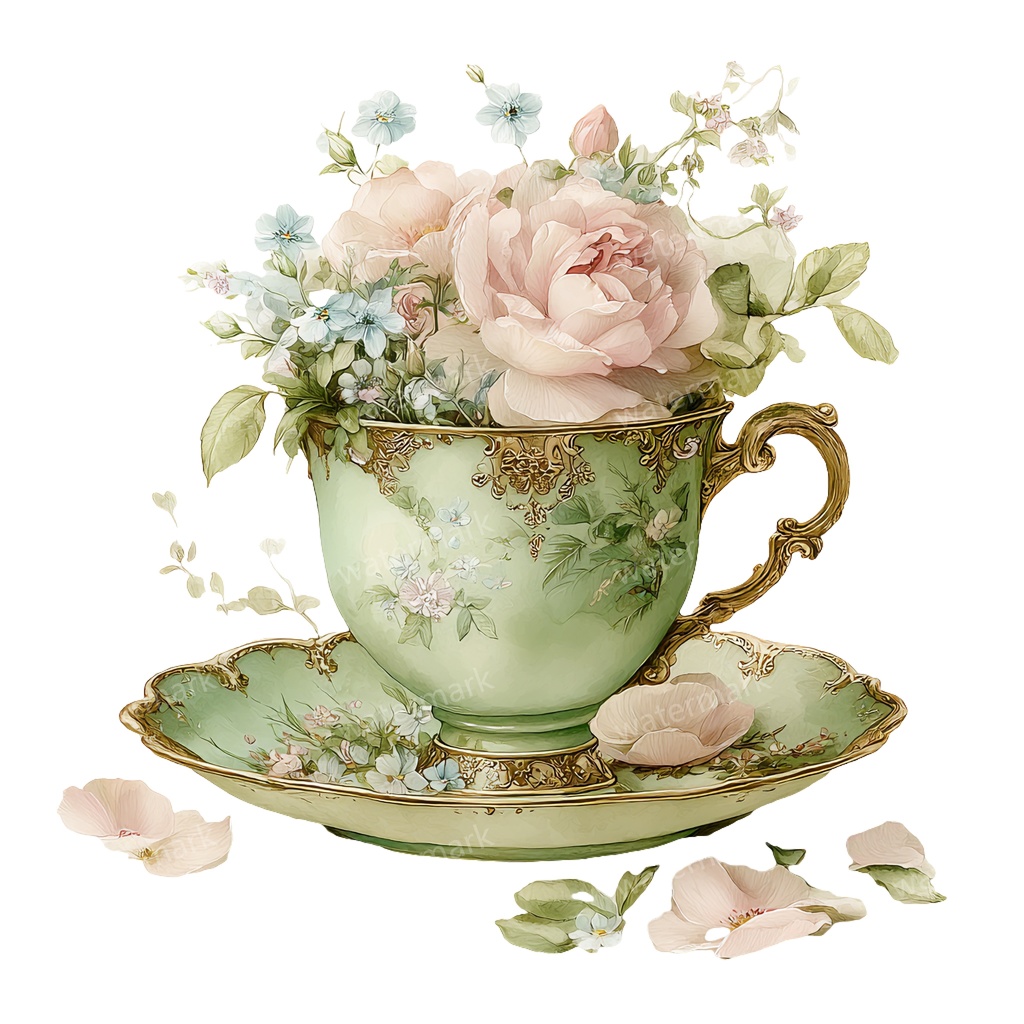 【商用利用可】フラワーティーカップ(水彩花柄ティーカップ)クリップアート20点セット|高解像度・透過PNG|印刷OK|コラージュ・ジャンクジャーナル素材|即ダウンロード