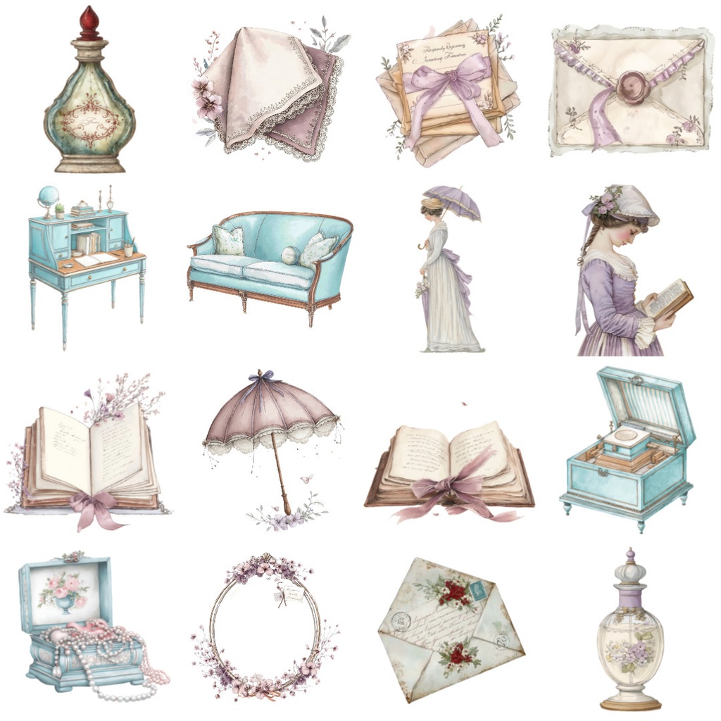 【商用利用可】ヴィンテージ雑貨クリップアート73点セット|水彩アンティーク素材|高解像度・透過PNG|コラージュ・ジャンクジャーナル素材|即ダウンロード