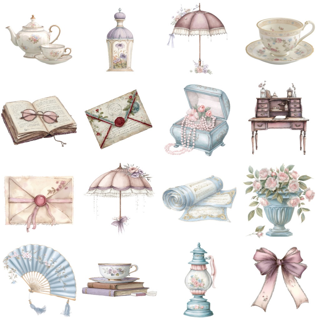 【商用利用可】ヴィンテージ雑貨クリップアート73点セット|水彩アンティーク素材|高解像度・透過PNG|コラージュ・ジャンクジャーナル素材|即ダウンロード