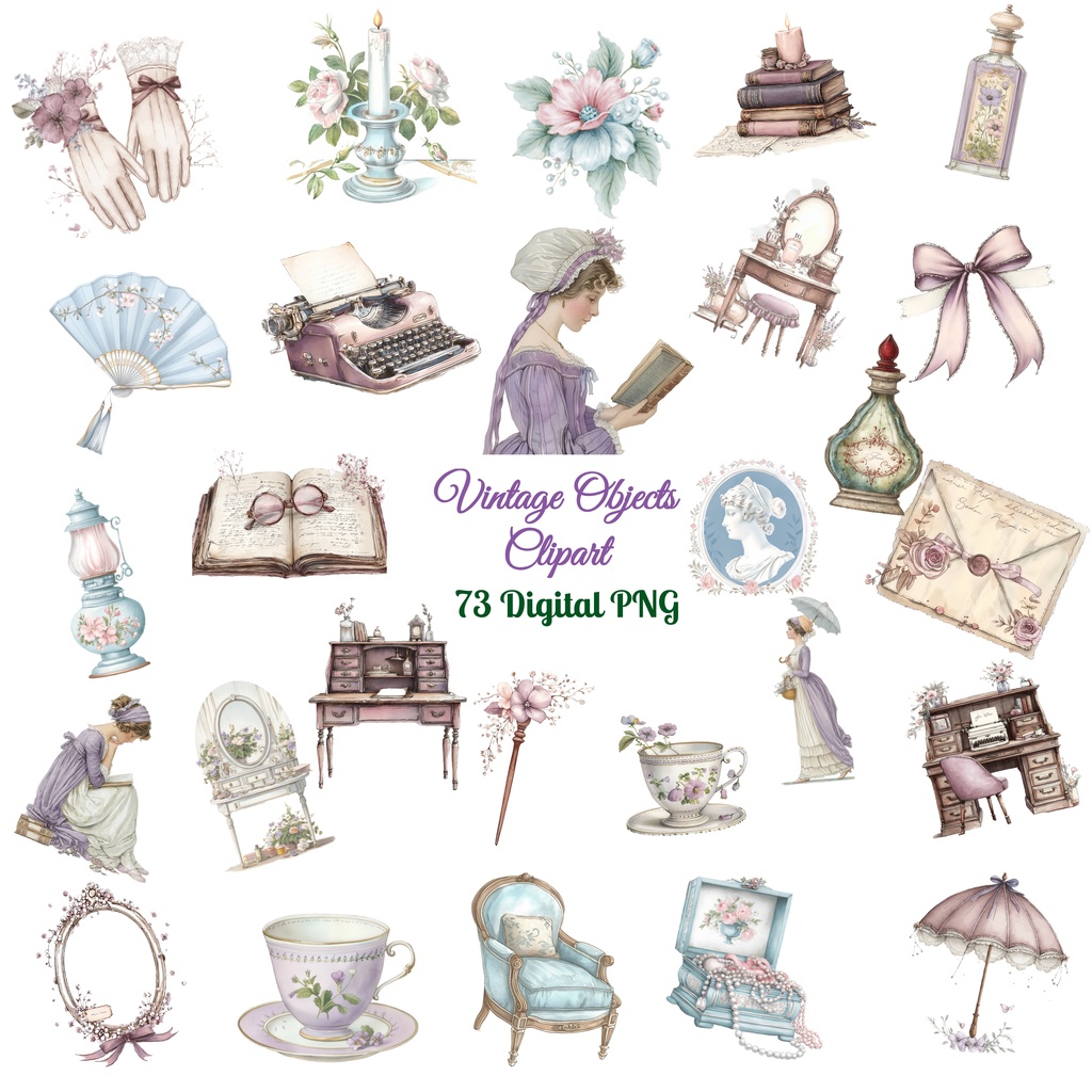 【商用利用可】ヴィンテージ雑貨クリップアート73点セット｜水彩アンティーク素材｜高解像度・透過PNG｜コラージュ・ジャンクジャーナル素材｜即ダウンロード
