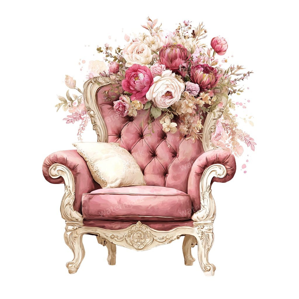 【商用利用可】ヴィンテージ花柄ソファ(水彩フローラルソファ)クリップアート14点セット|高解像度・透過PNG|印刷OK|コラージュ・ジャンクジャーナル素材|即ダウンロード