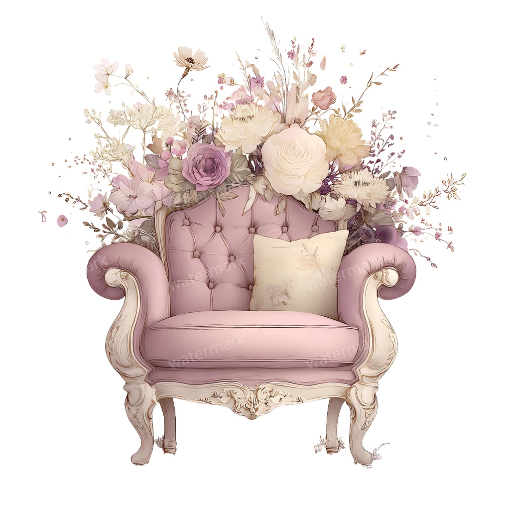【商用利用可】ヴィンテージ花柄ソファ(水彩フローラルソファ)クリップアート14点セット|高解像度・透過PNG|印刷OK|コラージュ・ジャンクジャーナル素材|即ダウンロード