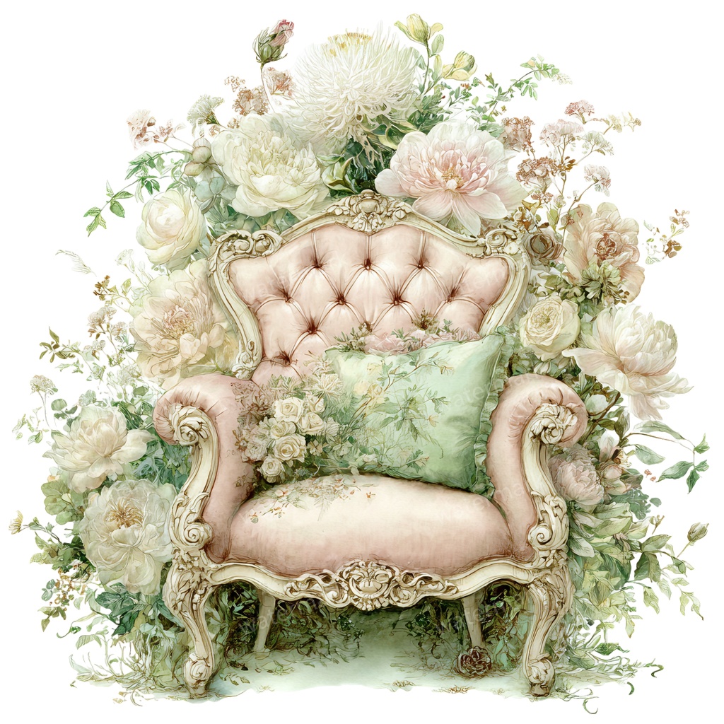 【商用利用可】ヴィンテージ花柄ソファ(水彩フローラルソファ)クリップアート14点セット|高解像度・透過PNG|印刷OK|コラージュ・ジャンクジャーナル素材|即ダウンロード