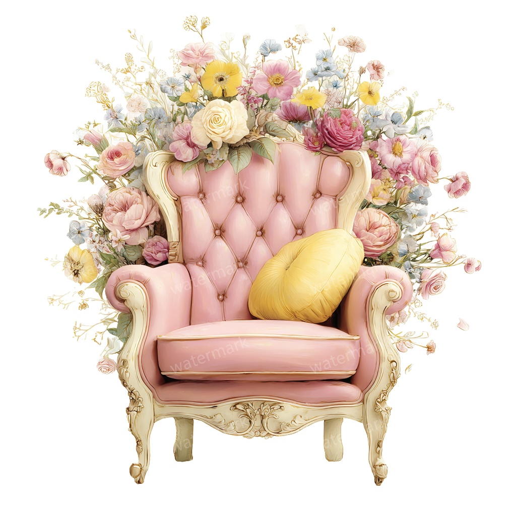 【商用利用可】ヴィンテージ花柄ソファ(水彩フローラルソファ)クリップアート14点セット|高解像度・透過PNG|印刷OK|コラージュ・ジャンクジャーナル素材|即ダウンロード