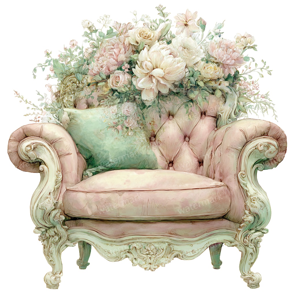 【商用利用可】ヴィンテージ花柄ソファ(水彩フローラルソファ)クリップアート14点セット|高解像度・透過PNG|印刷OK|コラージュ・ジャンクジャーナル素材|即ダウンロード