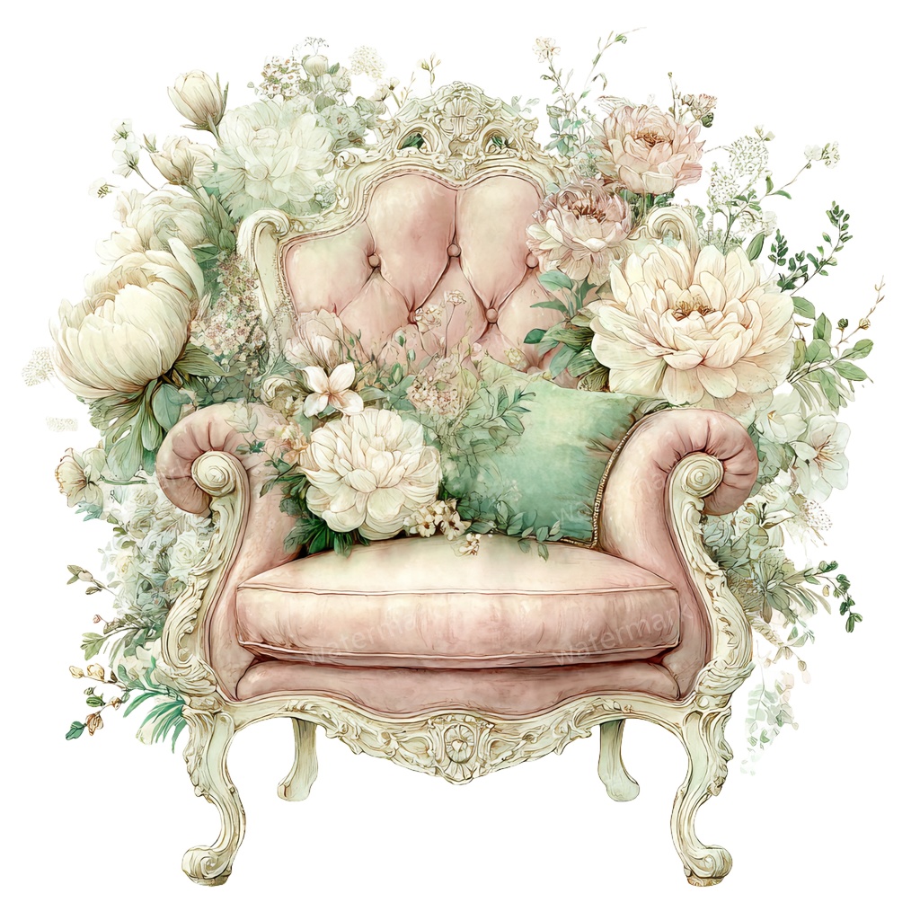 【商用利用可】ヴィンテージ花柄ソファ(水彩フローラルソファ)クリップアート14点セット|高解像度・透過PNG|印刷OK|コラージュ・ジャンクジャーナル素材|即ダウンロード