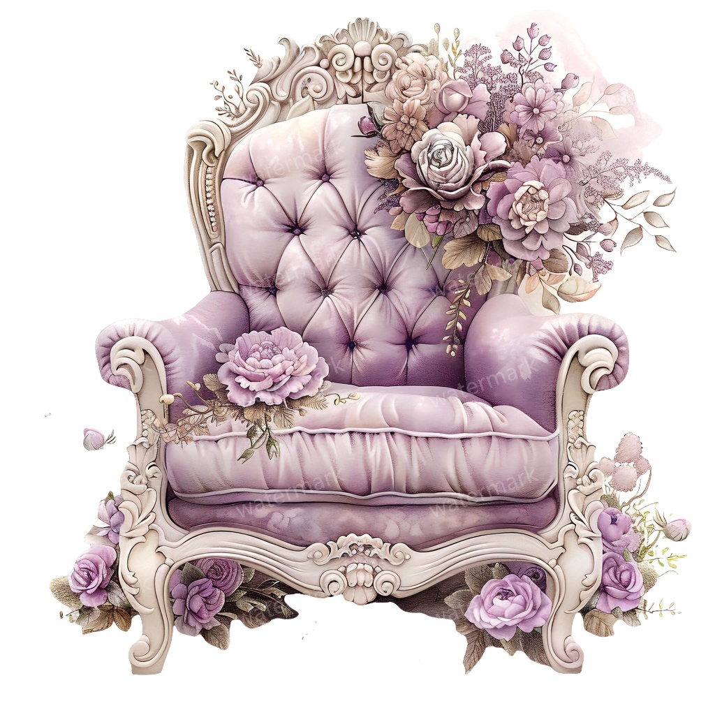 【商用利用可】ヴィンテージ花柄ソファ(水彩フローラルソファ)クリップアート14点セット|高解像度・透過PNG|印刷OK|コラージュ・ジャンクジャーナル素材|即ダウンロード