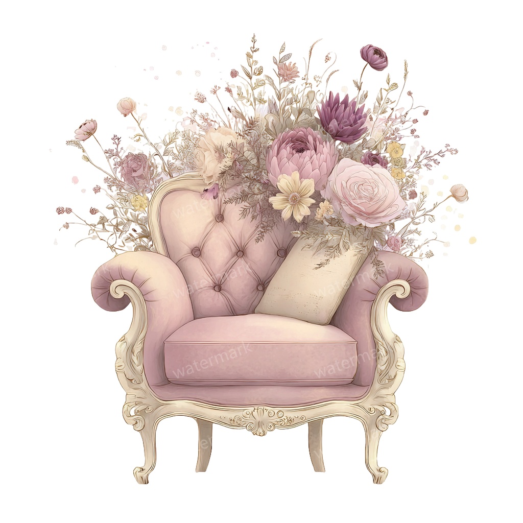 【商用利用可】ヴィンテージ花柄ソファ(水彩フローラルソファ)クリップアート14点セット|高解像度・透過PNG|印刷OK|コラージュ・ジャンクジャーナル素材|即ダウンロード