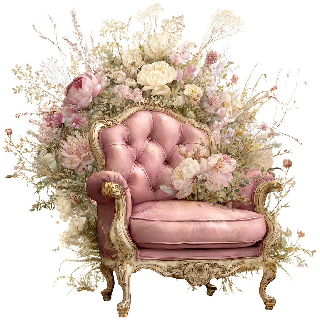 【商用利用可】ヴィンテージ花柄ソファ(水彩フローラルソファ)クリップアート14点セット|高解像度・透過PNG|印刷OK|コラージュ・ジャンクジャーナル素材|即ダウンロード