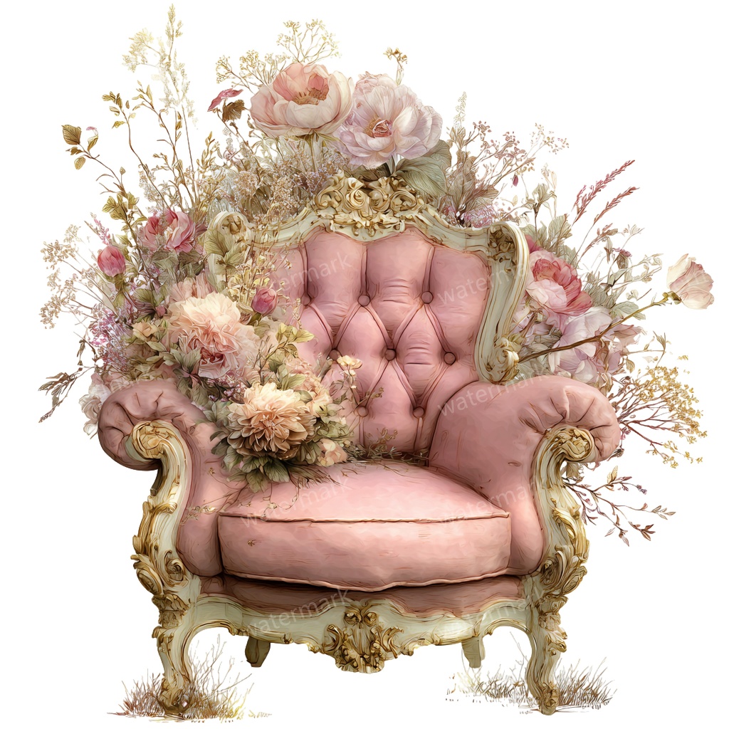 【商用利用可】ヴィンテージ花柄ソファ(水彩フローラルソファ)クリップアート14点セット|高解像度・透過PNG|印刷OK|コラージュ・ジャンクジャーナル素材|即ダウンロード