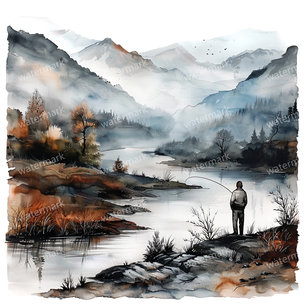 【商用利用可】釣りをする男性(水彩フィッシング)クリップアート13点セット|高解像度・透過PNG|印刷OK|コラージュ・ジャンクジャーナル素材|即ダウンロード