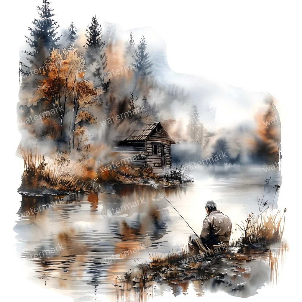 【商用利用可】釣りをする男性（水彩フィッシング）クリップアート13点セット｜高解像度・透過PNG｜印刷OK｜コラージュ・ジャンクジャーナル素材｜即ダウンロード